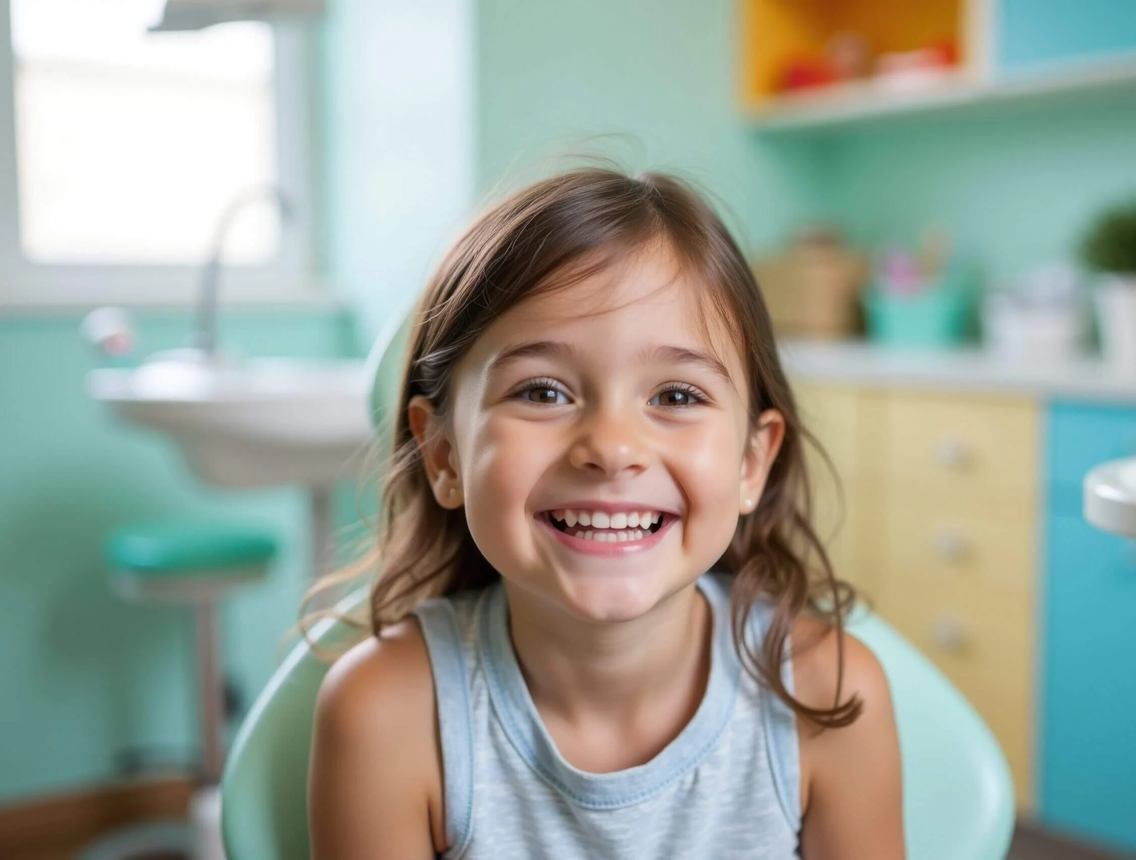 Smiling child with brown hair in a light blue tank top, sitting in a colorful, cheerful room with pastel walls and cabinets, conveying happiness.