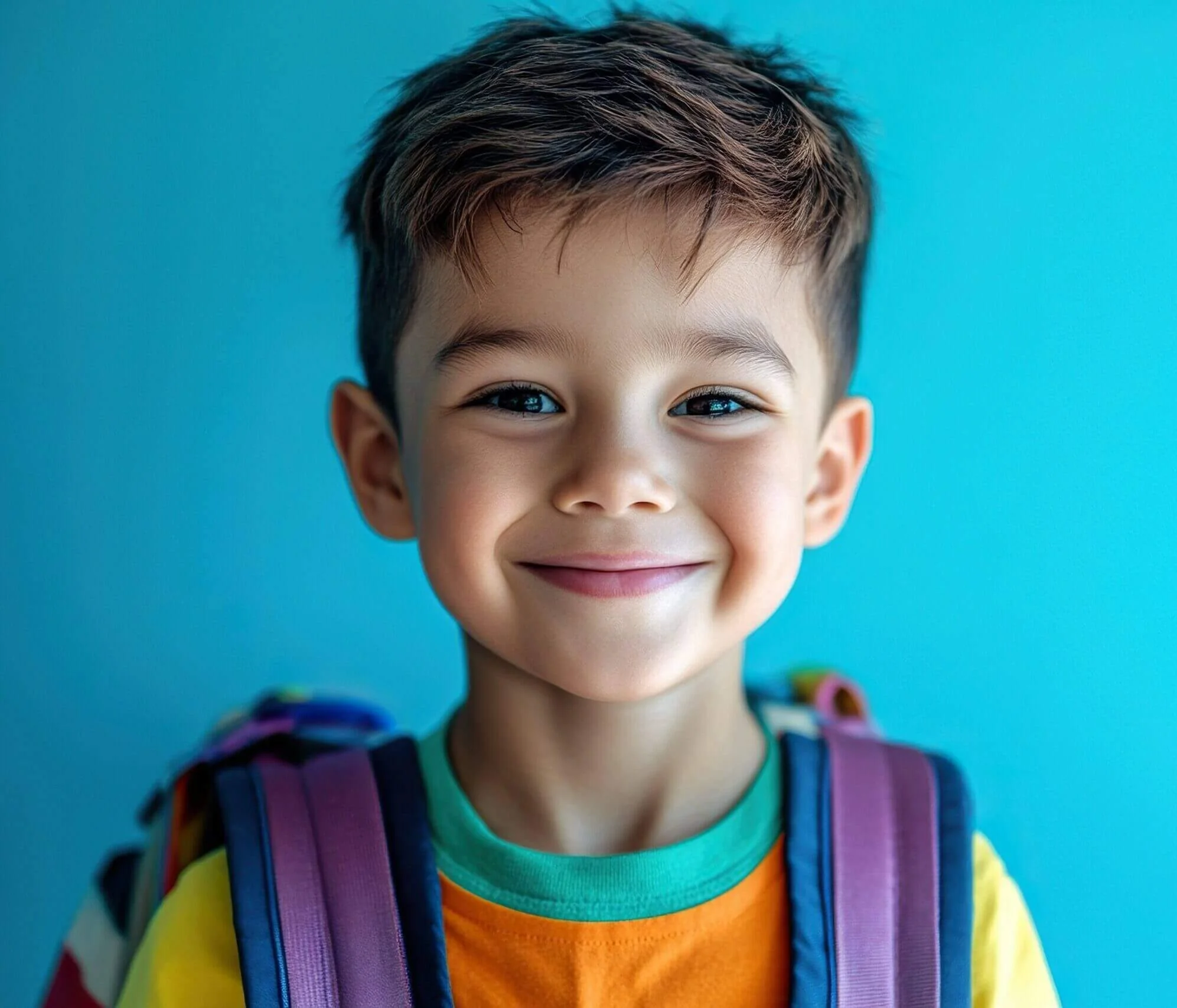 A young boy with short brown hair and a cheerful smile stands against a bright blue background, wearing a colorful shirt and a purple backpack.