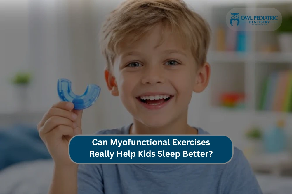 Smiling child holding a blue myofunctional mouth appliance with the headline "Can Myofunctional Exercises Really Help Kids Sleep Better?" illustrating pediatric myofunctional therapy for improving sleep, nasal breathing, and healthy oral development.