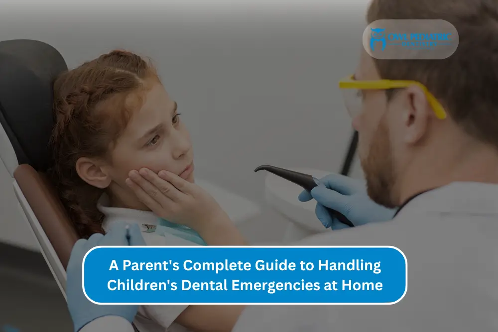 A guide cover featuring a parent helping a child with a dental emergency, emphasizing home care tips and advice.