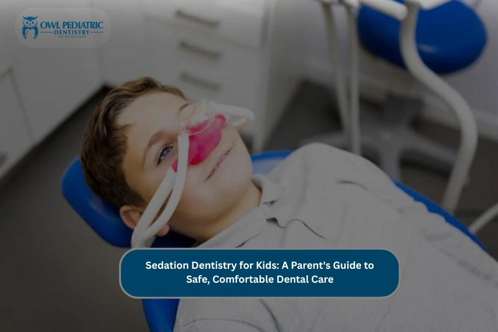 Young child relaxing in a pediatric dental chair while receiving nitrous oxide (laughing gas) sedation through a nasal mask, illustrating safe and comfortable sedation dentistry for kids during dental treatment.