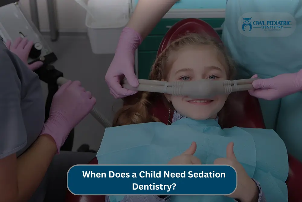 Smiling child receiving sedation dentistry with nitrous oxide while pediatric dental professionals provide safe, comfortable care.
