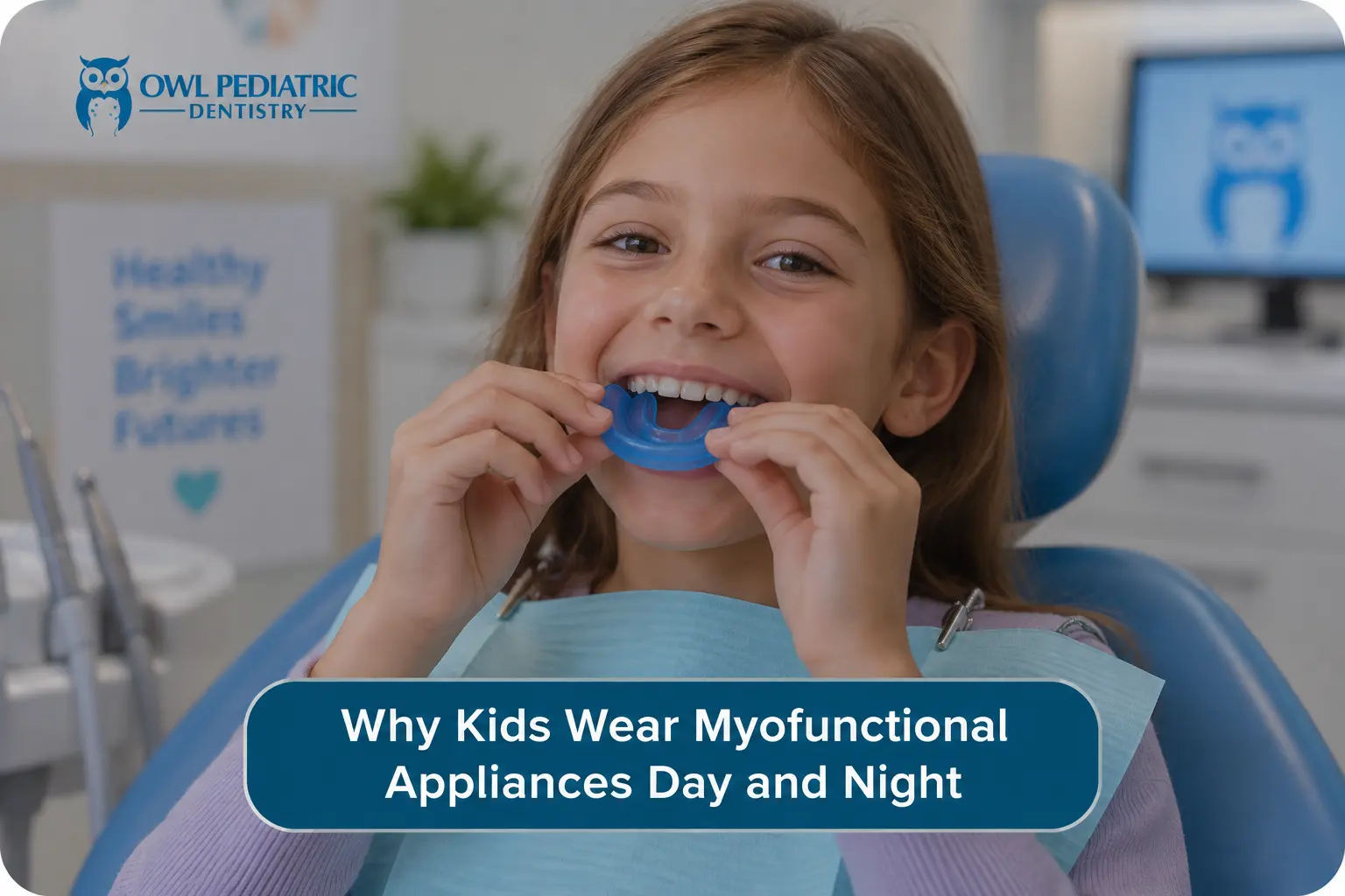 Child wearing a blue myofunctional appliance at dentist